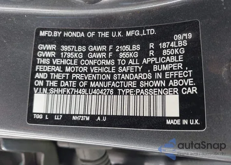 2020 Honda Civic Sport z USA, uszkodzony, nr VIN SHHFK7H49LU404276